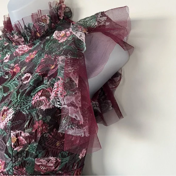 Green/burgundy day floral Mia Joy voluminous mini dress - Picture 7 of 11